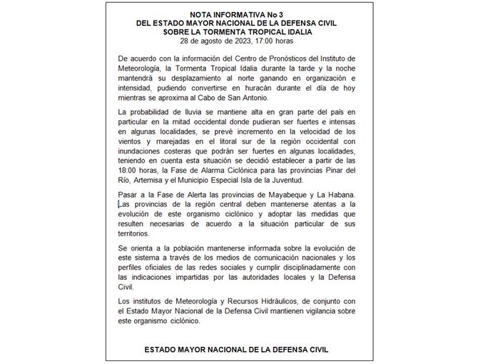 DiarioMayabeque's tweet photo. A partir de las 18:00 horas se establece la fase de ALERTA CICLÓNICA para las provincias #Mayabeque y La Habana, mientras Pinar del Río, Artemisa y el municipio especial Isla de la Juventud pasan a ALARMA CICLÓNICA, según informa el Estado Mayor Nacional de la Defensa Civil. https://t.co/svbXNoQioA