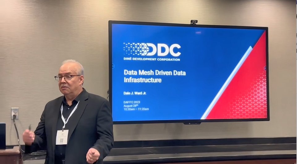 ddc_dine's tweet photo. The wait is over! #DAFITC is here. Curious about what our team will discuss at DAFITC? Here's a #sneakpeek from Dale Ward, DDC Strategic Innovation Lead, that kicked off the event with a discussion on the power of data mesh driven data infrastructure. Join us for more insights! https://t.co/BLTCC4YCMG