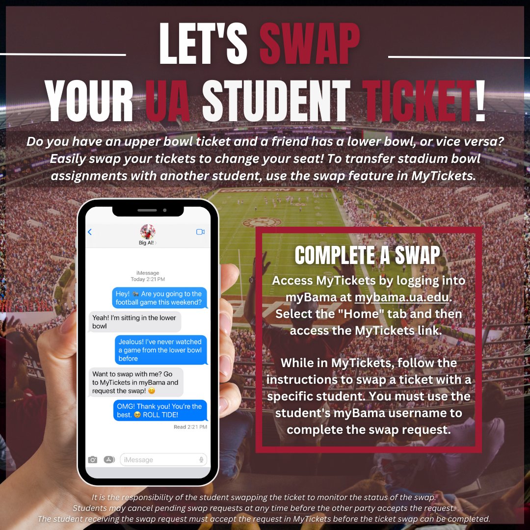 ActionCard's tweet image. MyTickets is open, so you know what that means... Alabama football is almost here! Check MyTickets through myBama to verify your: ticket balance, bowl assignment and gate number. Remember, your ticket does not show on your ACT Card but can be verified through MyTickets! #RollTide