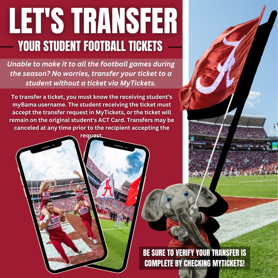 ActionCard's tweet image. MyTickets is open, so you know what that means... Alabama football is almost here! Check MyTickets through myBama to verify your: ticket balance, bowl assignment and gate number. Remember, your ticket does not show on your ACT Card but can be verified through MyTickets! #RollTide