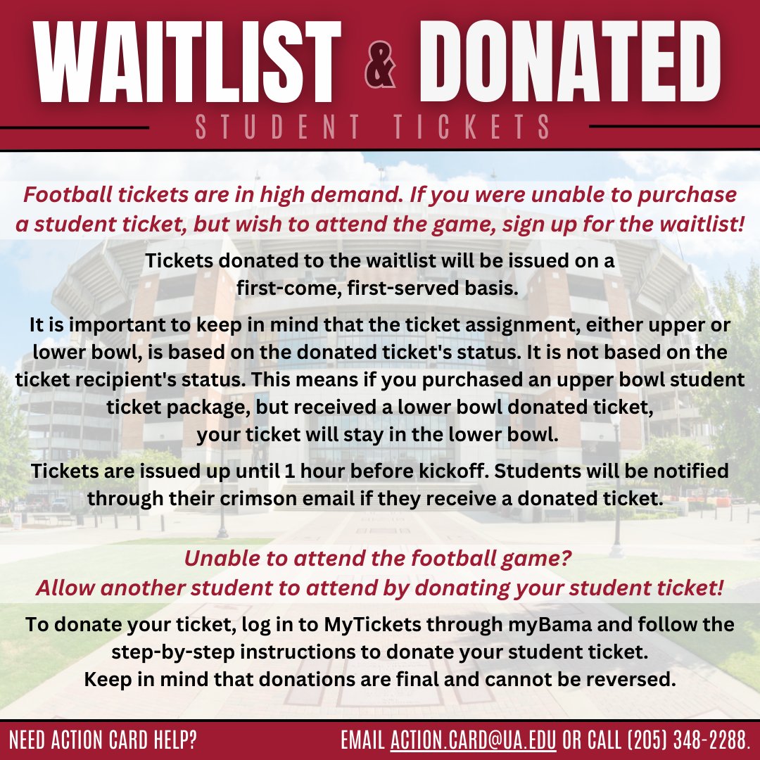ActionCard's tweet image. MyTickets is open, so you know what that means... Alabama football is almost here! Check MyTickets through myBama to verify your: ticket balance, bowl assignment and gate number. Remember, your ticket does not show on your ACT Card but can be verified through MyTickets! #RollTide