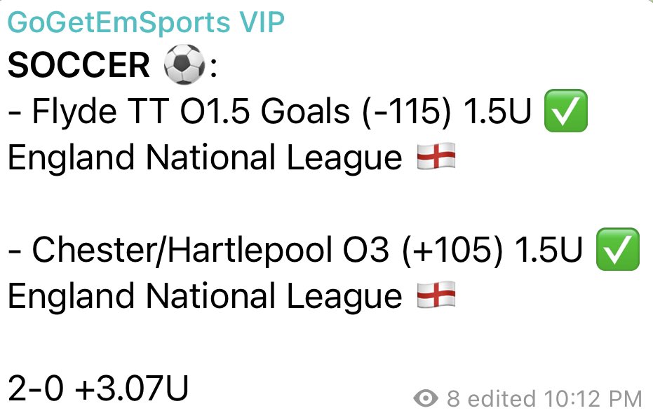WINNING DAY IN VIP 🫡

England National League 🏴󠁧󠁢󠁥󠁮󠁧󠁿
- Flyde TT O1.5 Goals (-115) ✔️
- Chester/Hartlepool O3 (+105) ✔️

L3 DAYS IN VIP CHAT⤵️
8-1-1 (88.8%) +14.57U 💰

<a href="/PicksCity/">PicksCity.com</a> 
#TeamPicksCity