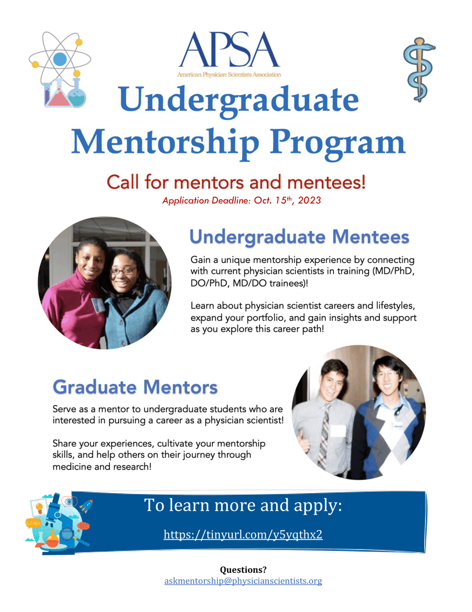 Apply today for the 2023-2024 APSA Mentorship Program. The deadline for applying is October 15th! Apply to be a mentor or mentee on our site: physicianscientists.org/page/ugmentori…