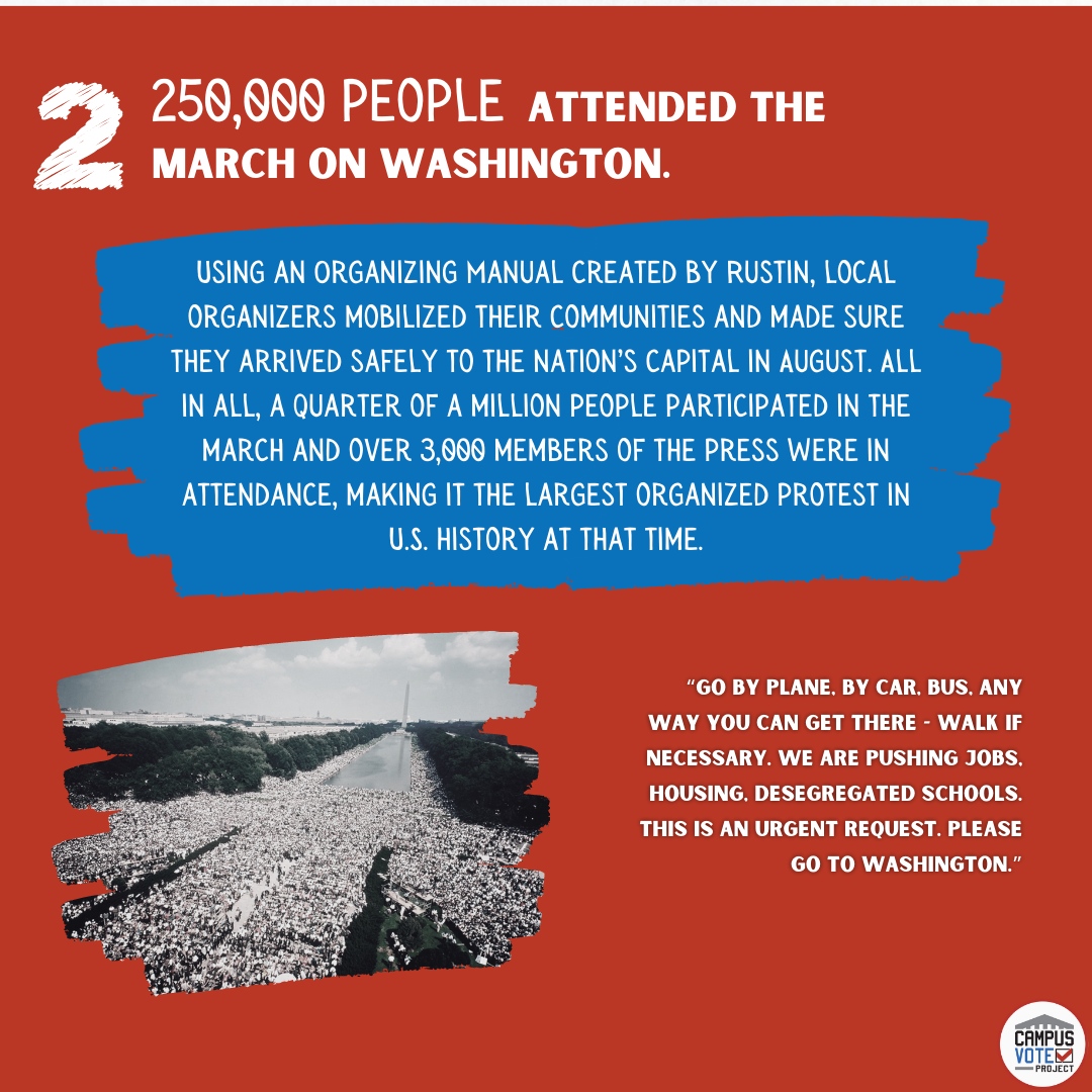 CampusVote's tweet photo. 60 years ago today, hundreds of thousands of people gathered in our nation's capital to advocate for racial equality.
Here are 4 facts about the March on Washington you might not know ➡️
#campusvoteproject #vote #marchonwashington https://t.co/tbQsBFbQt9