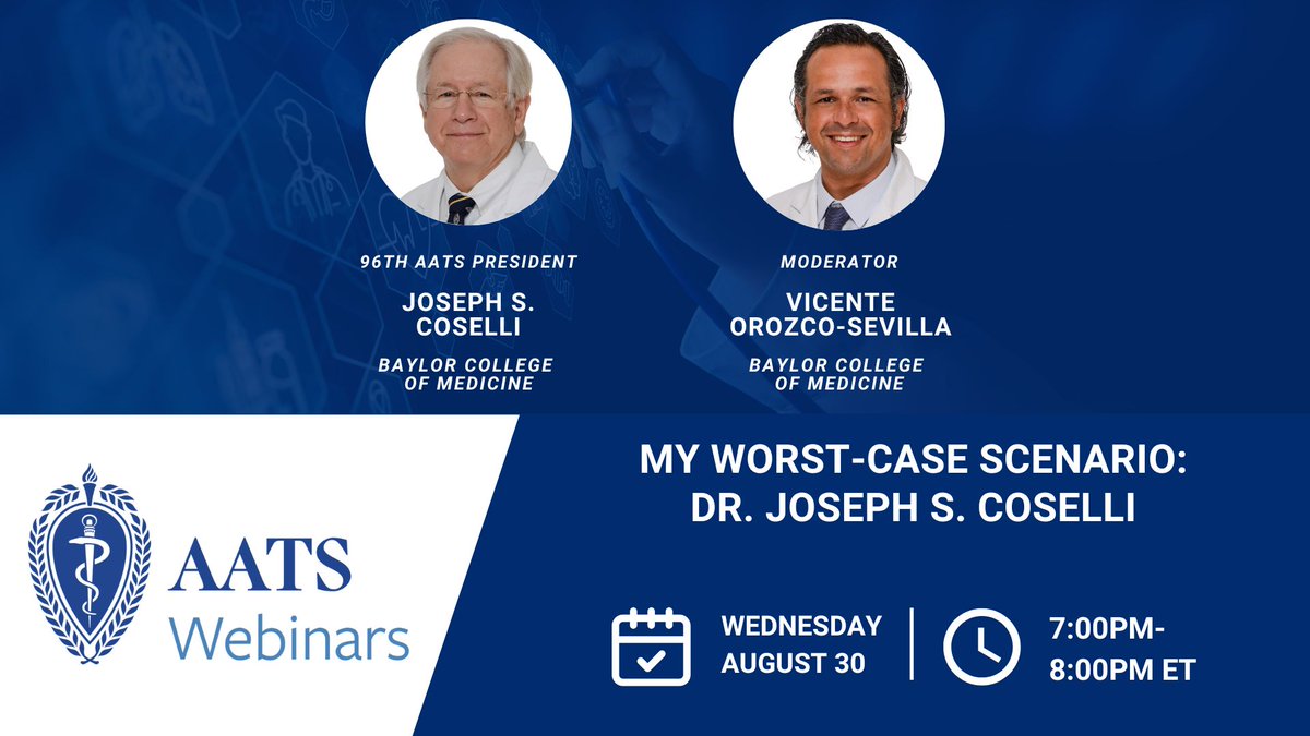 AATS (@aatshq) on Twitter photo Learn from past mistakes & how to resolve difficult cases in the future as 96th AATS president, Dr. Joseph Coselli, discusses real case-based intraoperative conundrums & novel case-based situations faced in the OR.
Register: ow.ly/3jig50PF9eA
<a href="/JCoselli_MD/">Joseph Coselli, MD</a> <a href="/vicenteorozco2/">vicente orozco</a> Learn from past mistakes & how to resolve difficult cases in the future as 96th AATS president, Dr. Joseph Coselli, discusses real case-based intraoperative conundrums & novel case-based situations faced in the OR.
Register: ow.ly/3jig50PF9eA
<a href="/JCoselli_MD/">Joseph Coselli, MD</a> <a href="/vicenteorozco2/">vicente orozco</a>