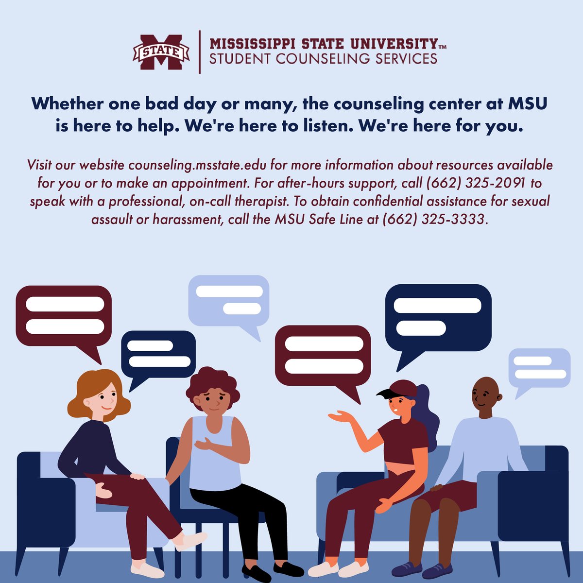 We’re here for you, Bulldogs. You’re not alone. Check out these resources available to you and utilize them as you need. Click the link in our bio for more information on each and learn how to get connected to help for yourself or those around you.