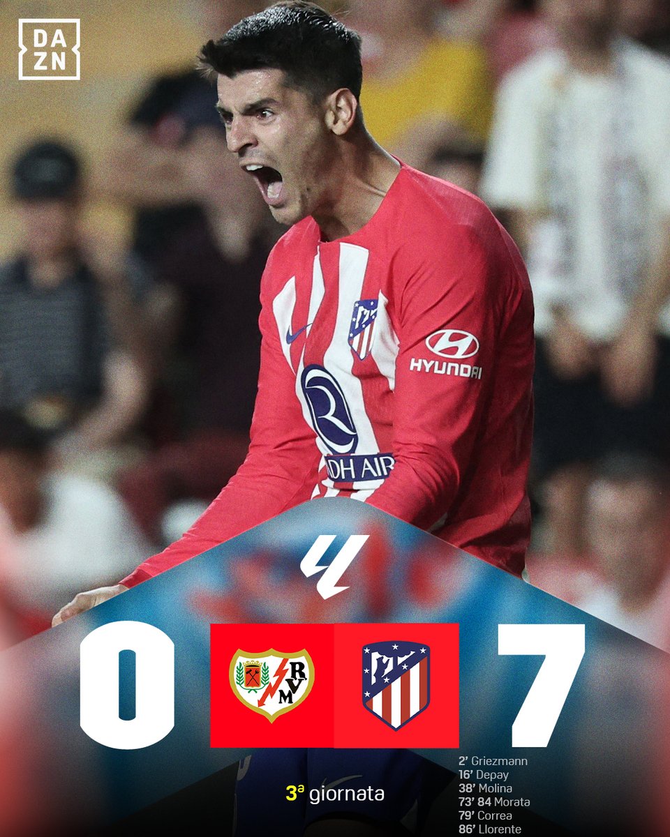 DAZN_IT's tweet photo. L'Atletico esagera in casa del Rayo Vallecano 🤯
La squadra del 'Cholo' fa 7-0 ed è seconda 🔝
#RayoAtletico #LaLiga #DAZN https://t.co/gqhrsuseEy