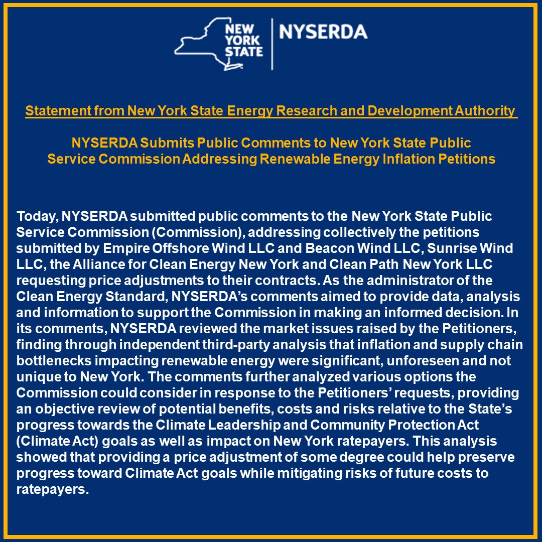 [BREAKING NEWS] NYSERDA submitted public comments to #NYSPSC addressing renewable energy inflation petitions.