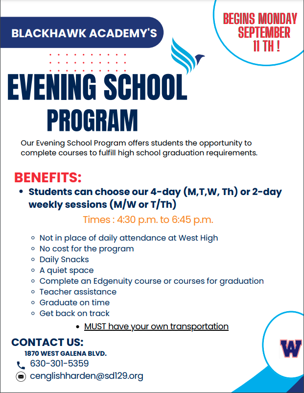 Guess Who's Back?  
Contact us today to register for this extra curricular opportunity to get caught up on credits. It's open to all eligible West Aurora High School students. #BlackhawkPride #EveryLearner #Graduation #Goals