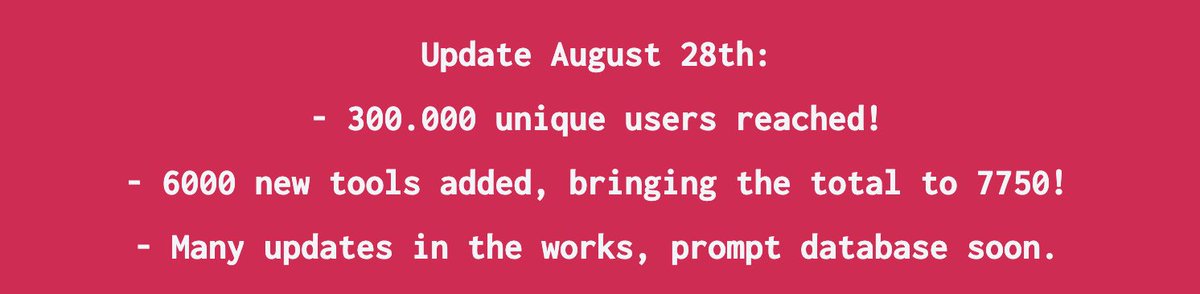SyncroGig's tweet photo. 📈My first website, https://t.co/Nti1ESIJva hit 300.000 unique users since may🎉

👊 Added 6000 new AI Tools today!

💪🏼 This officially makes us one of the biggest AI tool aggregators, with 7750 tools total

Wouldn’t have been possible without all the user’s feedback, thank you🙏 https://t.co/t6tYswCK20