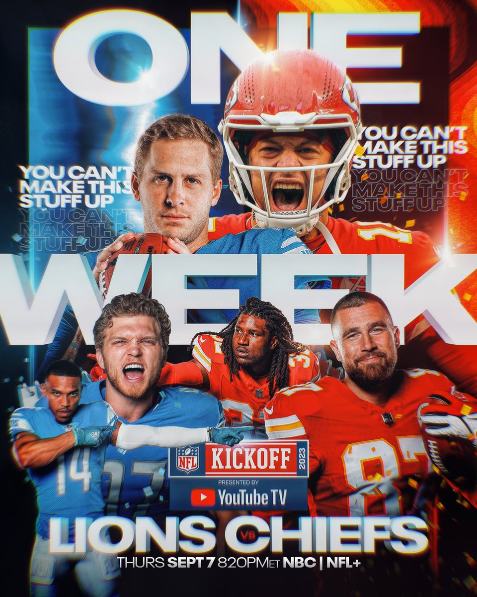 🗣️ ONE WEEK AWAY

📺: #Kickoff2023 – Thursday Sept. 7 at 8:20pm ET on NBC
📱: Stream on #NFLPlus
