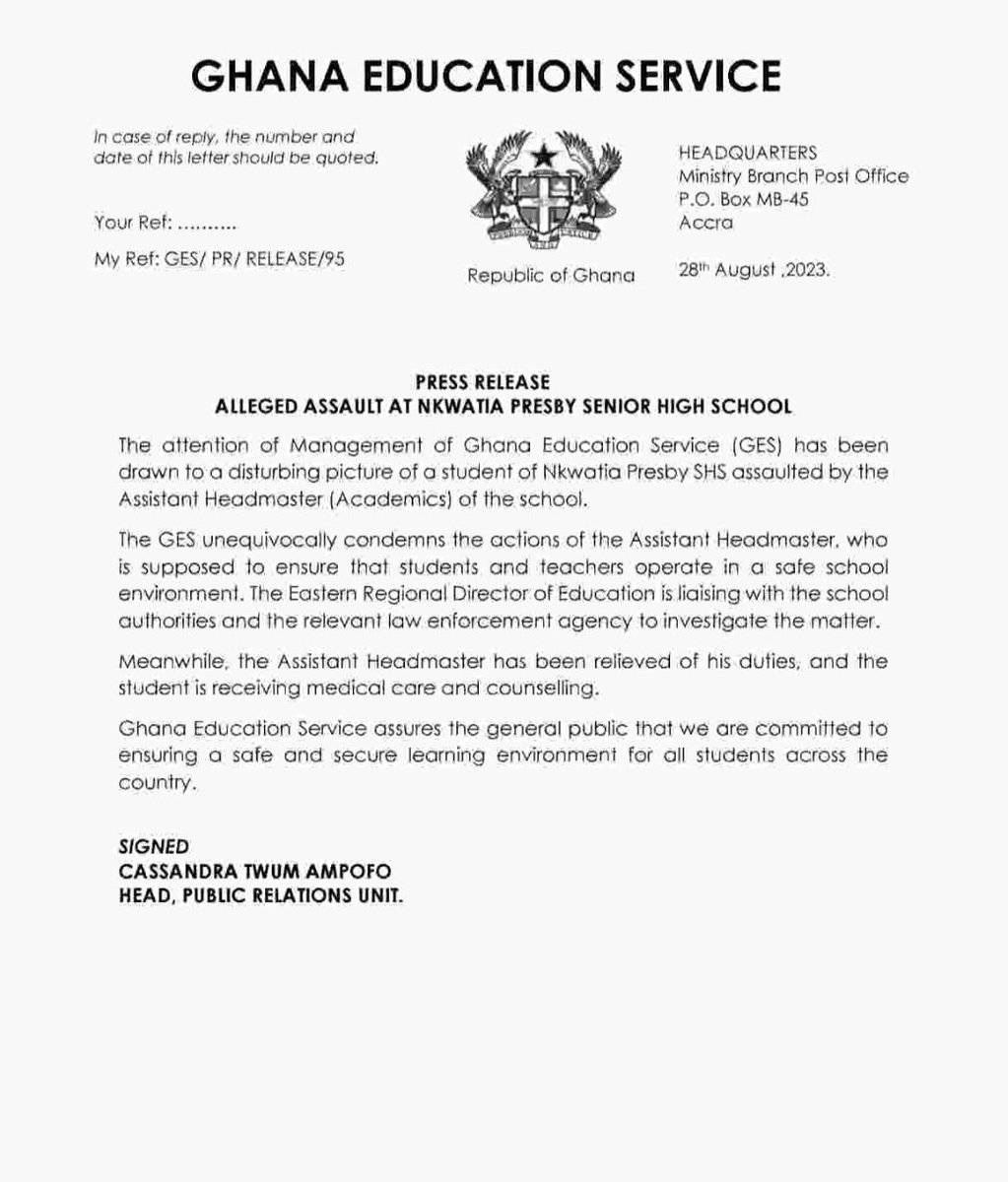 gheduservice's tweet photo. "Ghana Education Service assures the general public that we are committed to ensuring a safe and secure learning environment for all students across the country." https://t.co/byDAWpzIQD