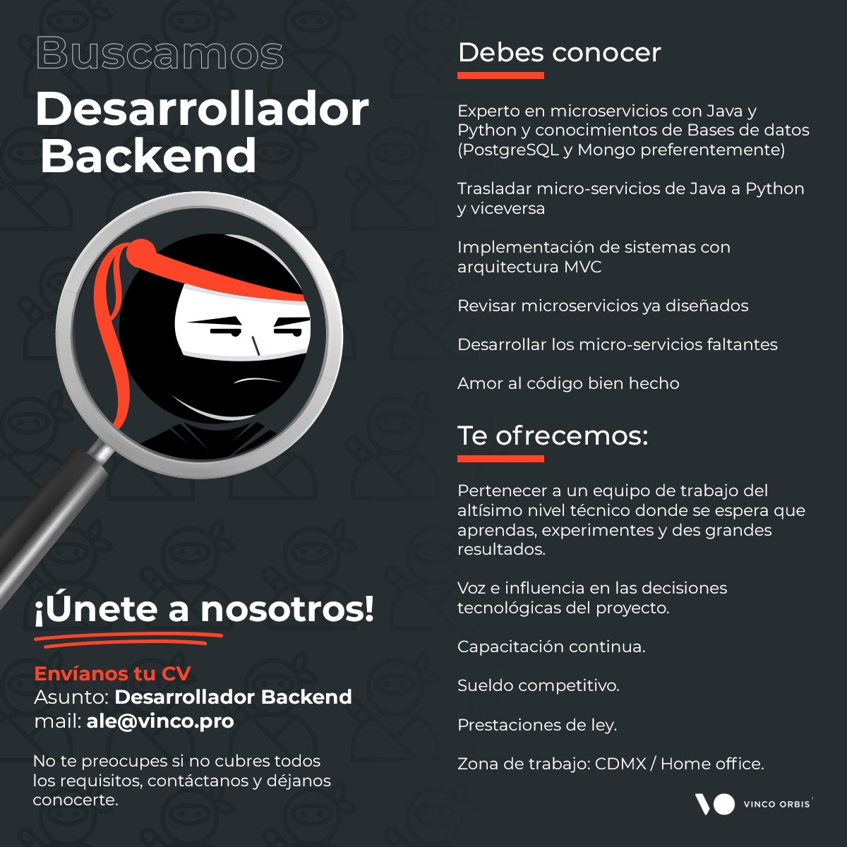 vincoorbis's tweet photo. ¡Únete a nuestro equipo como Desarrollador Back-End en Vinco Orbis! 💻🚀

¿Eres un experto en microservicios con Java y Python? ¿Tienes conocimientos en bases de datos como PostgreSQL y Mongo?, ¡te estamos buscando! 

Más detalles en: https://t.co/bLTyyXdF84 https://t.co/Jfmc9HYyCl