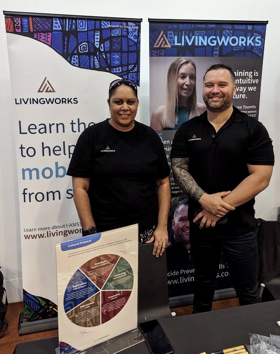 LivingWorksAus's tweet photo. All set up and ready to go! LivingWorks Indigenous Training leaders @teganschefe & Eli Toombs at the @GayaaDhuwi Annual Conference
#WaysForward #GayaaDhuwiConference2023 #SuicidePrevention #IndigenousASIST #ASIST https://t.co/OsZai9ZOPQ