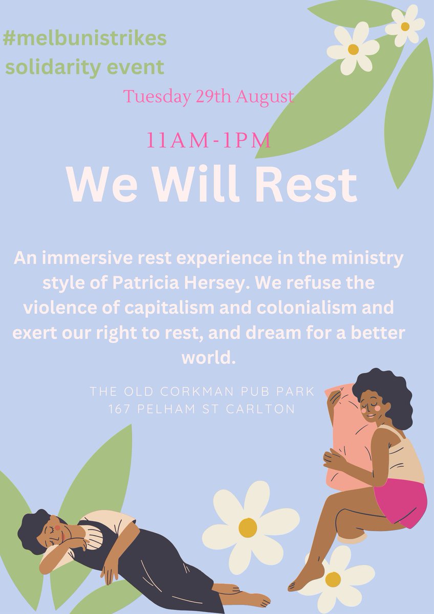 NTEU UniMelb Branch (@nteuunimelb) on Twitter photo Good morning! If you’re wondering where to go this AM:
10am: teach in by <a href="/SaraMeger/">Sara Meger</a> on gendered exploitation in the university
11am: ‘we will rest’ session with <a href="/ThatErinBuckley/">Erin Buckley</a> - bring blankets!
+ pickets at <a href="/MelbLawSchool/">Melbourne Law School</a>, 757 Swanston & Baillieu Library 🤩
#UnimelbStrikes Good morning! If you’re wondering where to go this AM:
10am: teach in by <a href="/SaraMeger/">Sara Meger</a> on gendered exploitation in the university
11am: ‘we will rest’ session with <a href="/ThatErinBuckley/">Erin Buckley</a> - bring blankets!
+ pickets at <a href="/MelbLawSchool/">Melbourne Law School</a>, 757 Swanston & Baillieu Library 🤩
#UnimelbStrikes