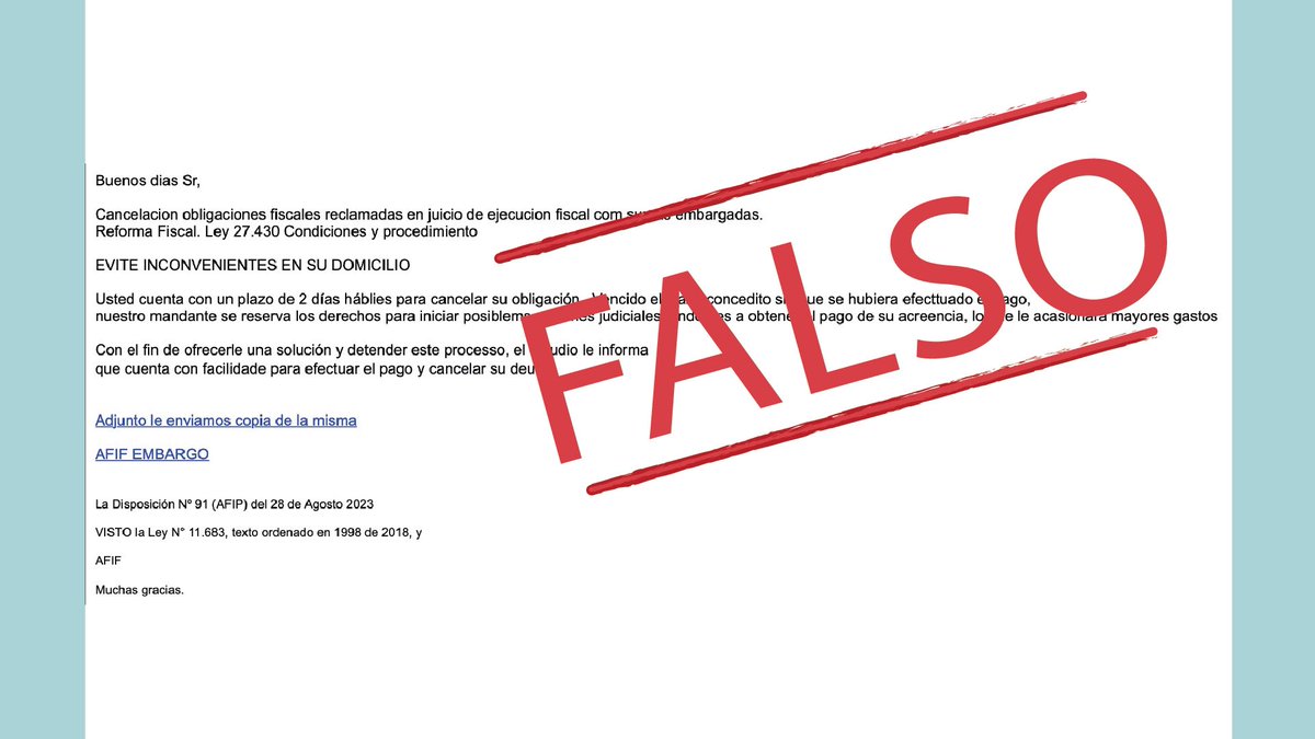 ARCA_informa's tweet photo. ⚠️ Si recibiste esta comunicación vía mail es FALSA 🚫 

La AFIP no solicita pagos ni datos personales vía mail, redes sociales o por teléfono. Podés encontrar toda comunicación oficial en tu domicilio fiscal electrónico o en la app MI AFIP. 

👉🏼Compartilo https://t.co/b5bNRiC5Q5