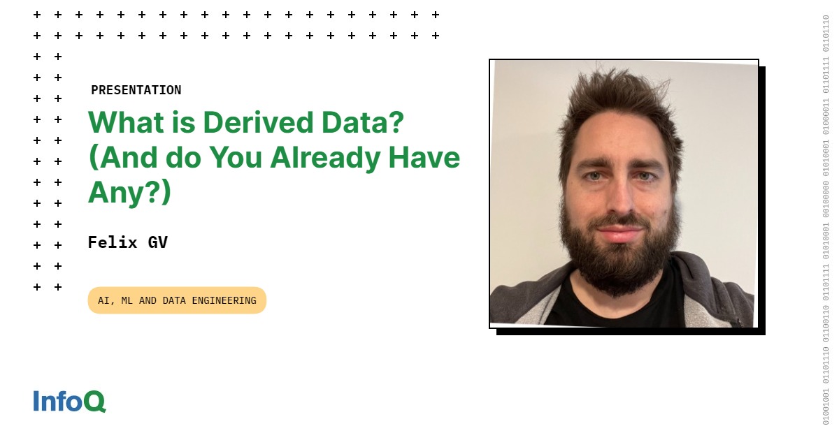 InfoQ's tweet photo. Get ready to explore the incredible world of #DerivedData!
Besides explaining what derived data is, @felixgv dives into 4 major use cases that fit in the derived data bucket, including: graphs, search, OLAP & ML feature storage: https://t.co/d8eXdomXOd
#InfoQ #AI #ML #Database https://t.co/hnJ8C2R1sK
