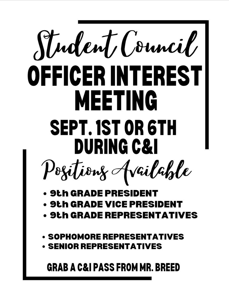Are you interested in planning and organizing activities for the school and community? Join us for an officer interest meeting Sept. 1st or 6th! Make sure to grab a pass from Mr. Breed