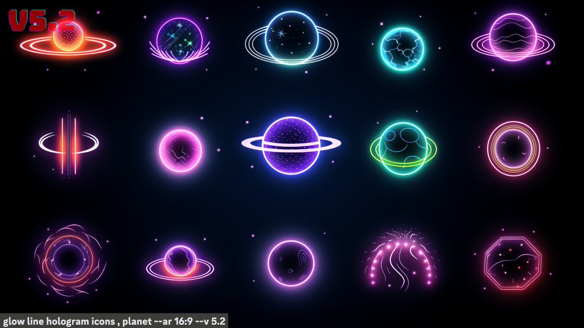 Wbzbu13WytaulAC's tweet photo. ミッドジャーニーのおすすめプロンプトその13

「glow line hologram icons」

このプロンプトを使えば、ホログラムで出来たちょっとおしゃれでシンプルなアイコンが作成できます。

黒いバックに明るい色で光るホログラムのアイコンは、印象に残りやすくなる効果があるかもしれません。

「glow（輝き）」というのは、光を放つことや、柔らかい輝きを持つことを指します。
MJで使用すると、人物や物体から発光するような表現が生じやすいです。

「line」は、線のことです。イラストを少しシンプルなものにする効果があると思います。

「hologram」というのは、レーザー光や他の同質の光源を使って物体の光の波面を捉え、その情報を記録することで作成されます。
反射する光の角度や質によって、虹色のような多彩な色の変化を見せることがあります。

「icons」はアイコンのことで、様々な意味があります。
一般的には、コンピュータのデスクトップやアプリケーションのユーザーインターフェイスにおける小さなグラフィカルなシンボルやイメージを指します。
MJで使用すると小さなアイコンが整列して並べられることが多いです。

以上、ちょっとおしゃれで印象に残りやすいアイコンを作ってみたい方は是非どうぞ。

#midjourney #AIArt 

【宣伝】 
（プロンプト集も掲載）初心者から上級者まで使える 「Midjourney（ミッドジャーニー）　パーフェクトガイドブック 」 https://t.co/Mz9BSTG4eE