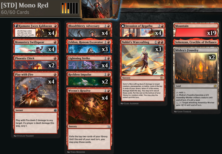 maxmitchell3000's tweet photo. waiting until last minute as usual, but got mythic in standard Bo1 with this burn heavy red deck. Somewhat budget friendly too! Worst matchup seemed to be mono blue djinn, or UB midrange especially if you're on the draw.  @fireshoes https://t.co/PEJmgf6okI