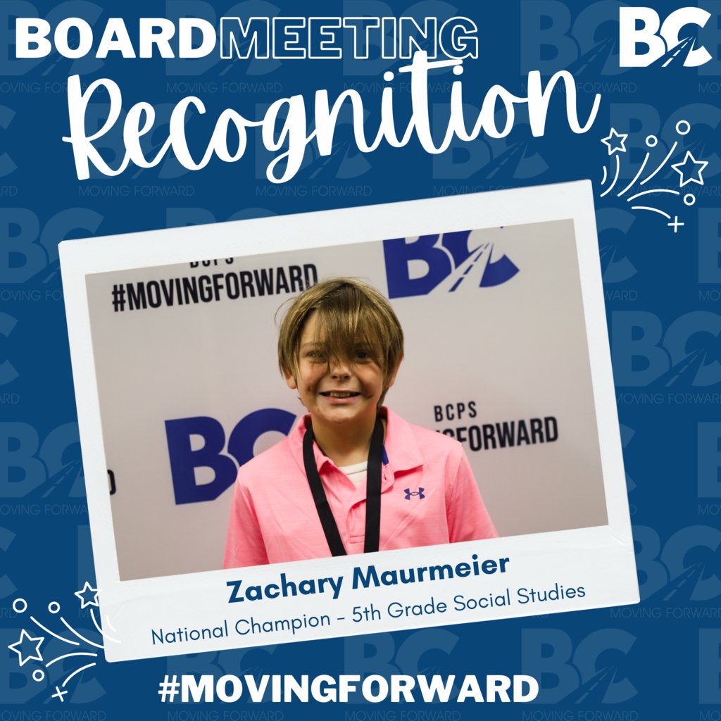 bcpsky's tweet photo. At tonight's Board Meeting, we recognized Zachary Maurmeier for achieving π₯ 1st Place π₯ in 5th Grade Social Studies at the National Beta Convention! Huge congratulations to this National Champion!! #MovingForward #BCPSMasteryLearner https://t.co/e1BDZoL5S5