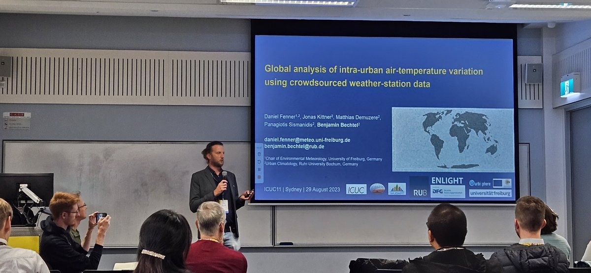 RUBclim's tweet image. Team lead Benjamin Bechtel is presenting one of the highlights of our #ENLIGHT project @ruhrunibochum: a "global" long-term database of quality-controlled #crowdsourced #weather station data. #ICUC11Sydney @ICUC11Sydney @IAUrbanClimate 

geographie.ruhr-uni-bochum.de/klima/enlight.…