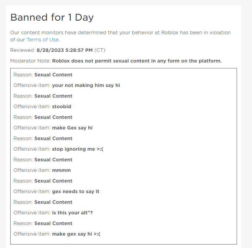 badmoderations's tweet photo. A user named "scaremom" has been banned for 1 day for false reports 

"I was trying to ask if it was his real account but he spam bot reported me"
 #roblox #robloxbans #robloxmoderation https://t.co/DJpAcy3rSP