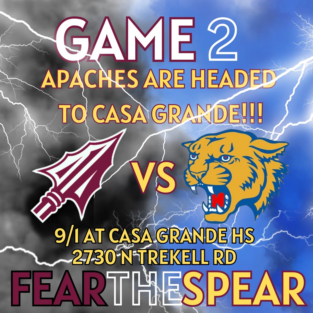 WEEK ✌️ ‼️

The Apaches are traveling to Casa Grande‼️

#FeartheSpear #ApacheFootball