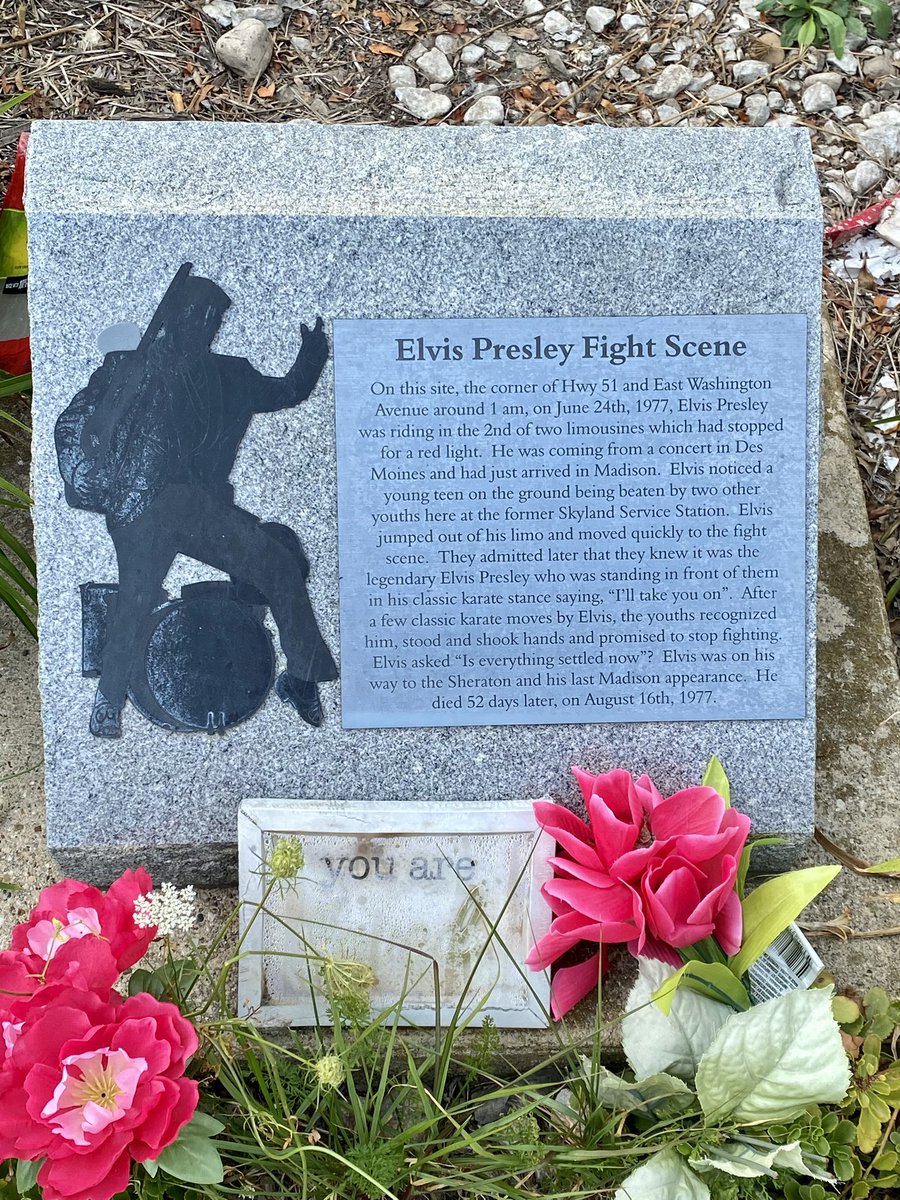 Do you think the people who say the midwest has no culture know about the monument hidden on the side of a busy intersection in Madison that honors the moment Elvis broke up a fight via karate poses