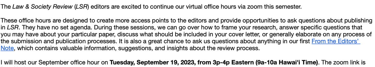Dr. Ashley T. Rubin (@ashleytrubin) on Twitter photo Our Law & Society Review (LSR) Editors' Office Hours are back for the fall! Join me next month for the first one, Tuesday, 9/19, @ 3p EST (or 9a HST) via zoom (link sent via lsatalk, or email me for the link) <a href="/law_soc/">Law and Society</a> Our Law & Society Review (LSR) Editors' Office Hours are back for the fall! Join me next month for the first one, Tuesday, 9/19, @ 3p EST (or 9a HST) via zoom (link sent via lsatalk, or email me for the link) <a href="/law_soc/">Law and Society</a>