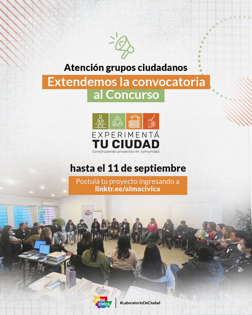 Buenas noticias 📣 ¡EXTENDEMOS LA CONVOCATORIA al fondo concursable #ExperimentáTuCiudad! 🥳🙌🏻 

¡Aprovechá este tiempo! ➡️ Convocá a tu comunidad y Municipio a una reunión informativa ➡️comentale sobre tu proyecto ciudadano ➡️ y postulá ingresando a linktr.ee/almacivica.