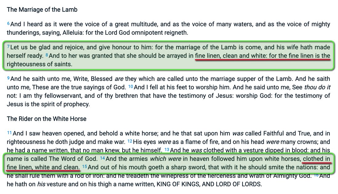 Pentecost2021's tweet photo. @Luke17_37 @PrinceHarry_666 Who then are those seen *WITH* Jesus in Rev.19v14?
Compare 19v8 &amp; v14; the clothing suggests they are the *SAME* group.

If there is strictly only *ONE* resurrection, how did they get to be in Heaven (Rev.19v1) prior to the alleged Resurrection that occurs “DURING” Rev.19v11-21 ? https://t.co/Yv8MQkdqn5