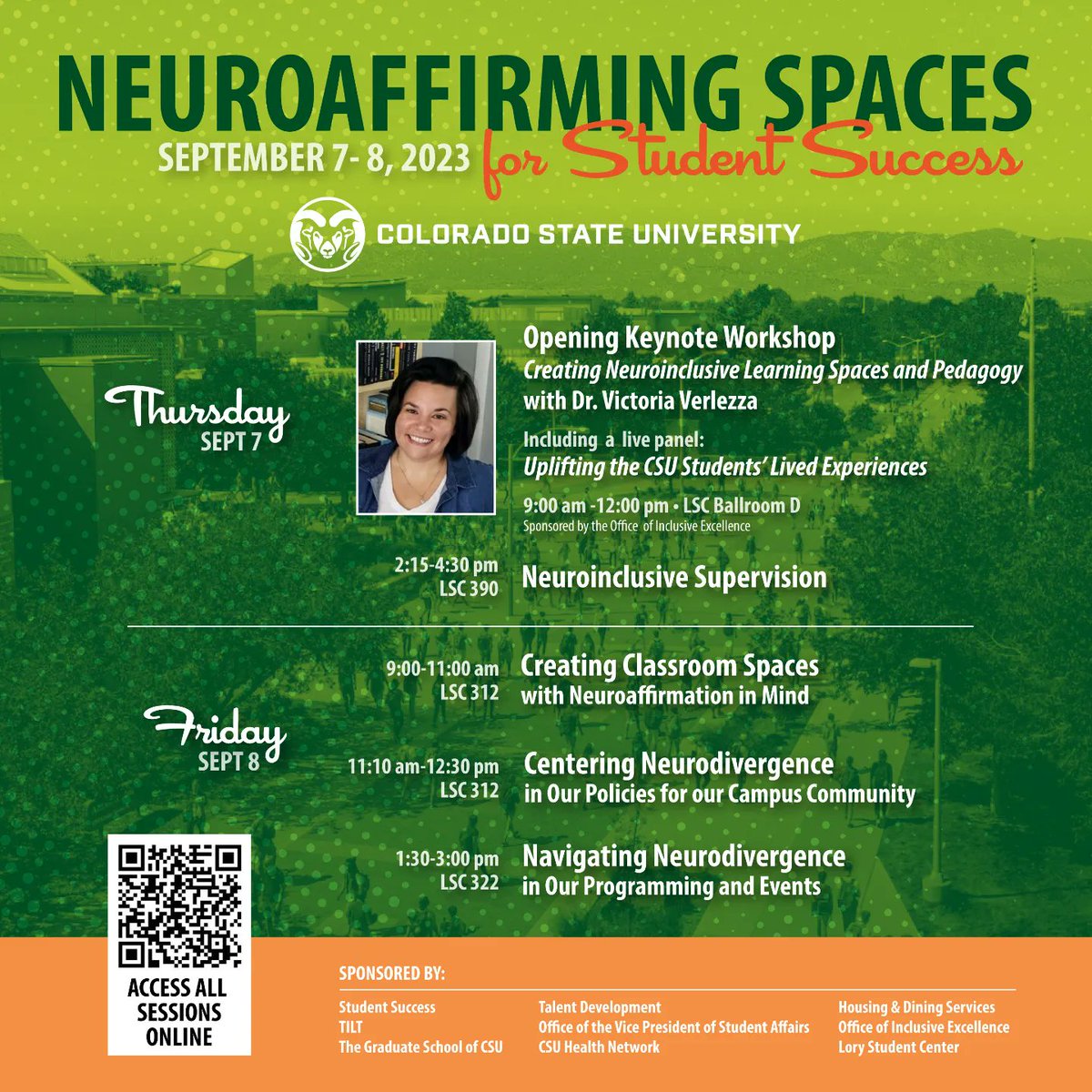 In just 2 weeks there is a workshop for creating Neuroaffirming spaces! This is a 2 day long event on September 7th and 8th. These sessions are held in person or virtual!
#imagedescription 
Light green and dark green background with orange bar at the bottom and light dots.