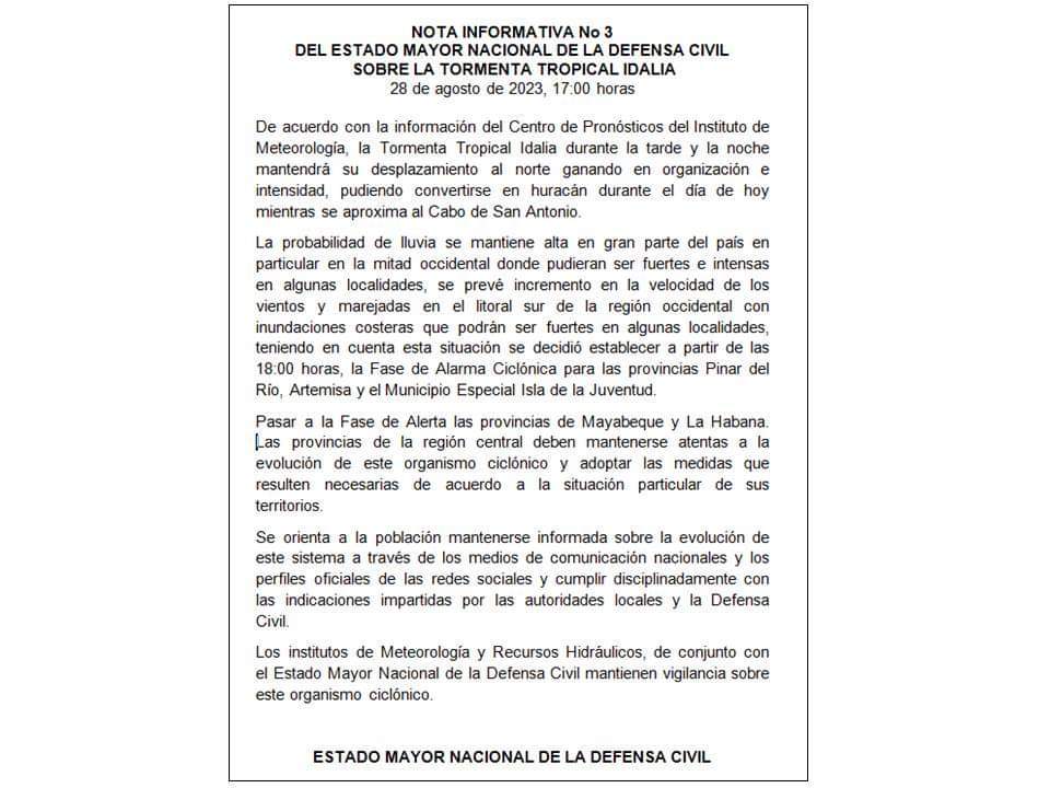🌀🌀🌀
 A partir de las 18:00 horas, se estableció la FASE DE ALARMA CICLÓNICA  para las provincias Pinar del Río, Artemisa y el Municipio Especial Isla de la Juventud, y para las provincias de La Habana y Mayabeque FASE DE ALERTA.