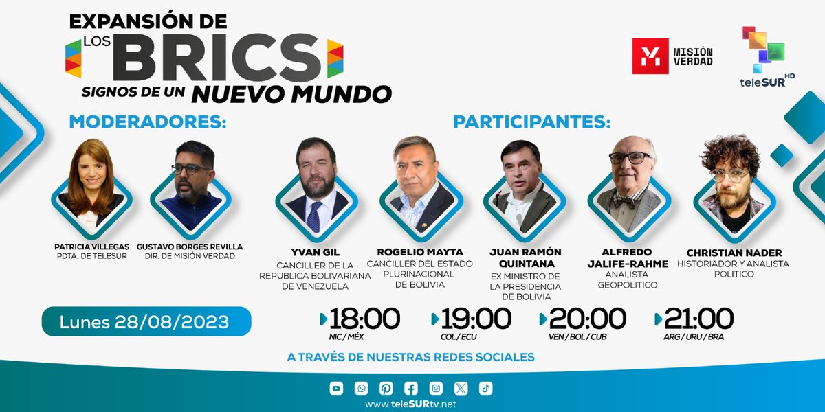 Hoy, transmisión especial a través de nuestras redes y las de @teleSURtv para analizar los resultados de la Cumbre Brics. Participantes: @ExoSapiens. @yvangil. Alfredo Jalife-Rahme. Rogelio Mayta. Moderadores: @GBorgesRevilla y @pvillegas_tlSUR.