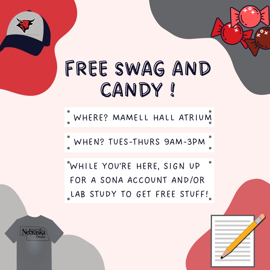 🍭🎁 Free candy and swag alert! 
Join us at Mammel Hall near Stedman's café. We'll answer any questions and help you sign up for a SONA account to sign up for a study. We'll have a demo running to show what participating in a behavioral research study will be like. See you then!