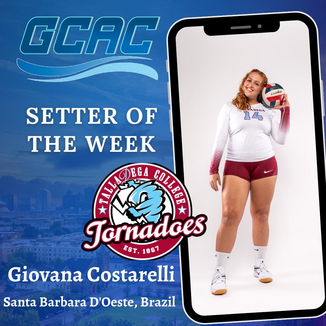 HBCUAC's tweet photo. Congratulations to @DegaTornadoes Women's Volleyball Player Giovana Costarelli on earning GCAC Setter of the Week honors!

Costarelli is not a six rotation setter, but stole the show with 94 assists in 16 sets. She added 34 digs on the week. Congratulations!
#GCACRising #OneGCAC https://t.co/l9mubnrKRl