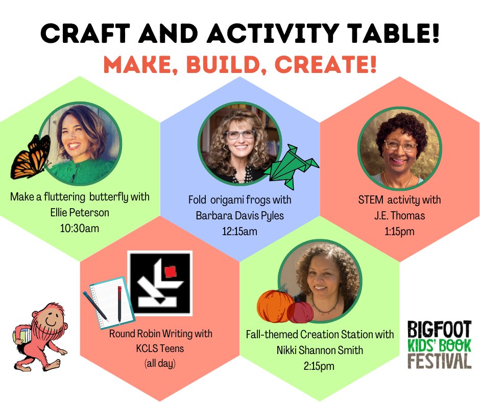 Between author signings, be sure to stop at the Craft & Activity table where we'll have fun and FREE projects available throughout the day. (Except moss braiding. They turned me down on that one.) - ♥️Bigfoot 👣!