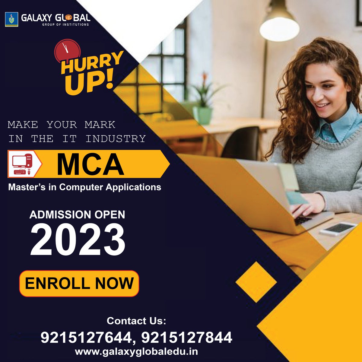 Master of Computer Applications (MCA) is a well-known postgraduate degree in computer science that offers academic education and hands-on training for aspiring IT professionals.

Enroll Now @ Galaxy Global Group of Institutions, Ambala

#gggi #mca #admissionopen2023_2024