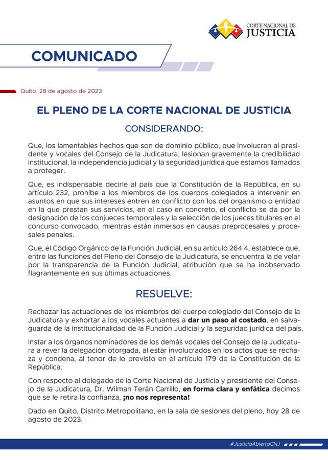 SIN CONFIANZA | Mediante un comunicado la <a href="/CorteNacional/">Corte Nacional de Justicia</a> pidió a los vocales del <a href="/CJudicaturaEc/">Consejo de la Judicatura</a> que abandonen sus cargos por los lamentables hechos de dominio público que han marcado su gestión.

📌 Además, le retiran la confianza a su delegado, Wilman Terán, presidente de la