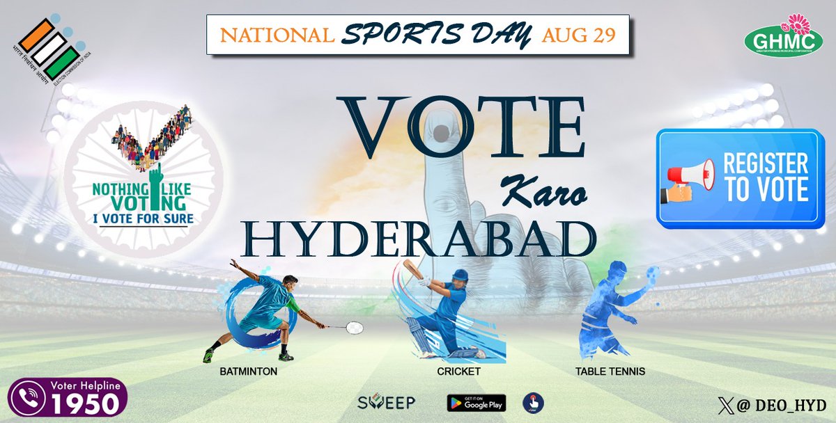 #NationalSportsDay Each effort exerted on the field and every #vote cast at the booth contribute to societal change. @ECISVEEP @CEO_Telangana