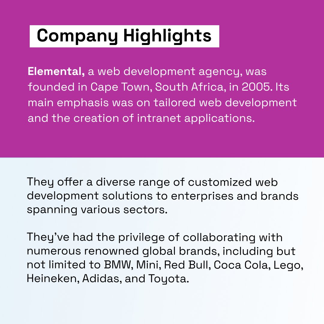 💻What sets Elemental apart is its remarkable in-house team, a dynamic group of experts with the experience and expertise to handle and deliver complex, custom-developed websites and web apps based on their client's unique requirements.

#customsoftwaredevelopment