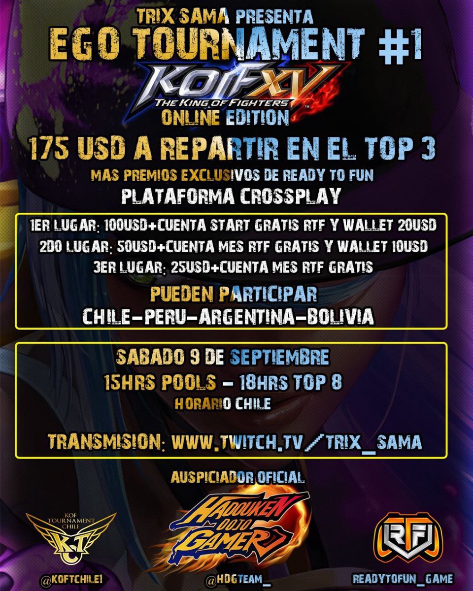 HDGTeam_'s tweet photo. Koferos los invitamos a participar de este torneo de #KOFXV organizado por @trixsama_CL en colaboración con @koftchile1 y Readytofun
Para el día sábado 9 de septiembre. Torneo online abierto para Chile, Perú y Argentina 🔥
Inscripción:
https://t.co/cm2VirirYD https://t.co/OTsTWJuJhx
