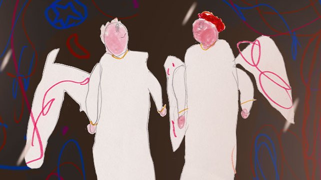 My daughter, Sprout (age 7) has been lovingly watching me juggle frames for #LetThereBeFrames and asked me today if she could draw one for the project 🥹  

May I present a peek at her "Before the Beginning" Aziraphale and Crowley 💛