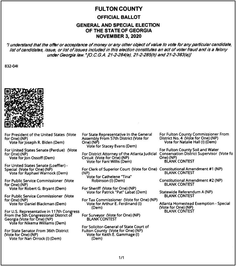 You know they're not pushing for what you have in GA NO ONE wants the QR method, or Dominion system that GA uses 6 states had huge 'irregularities' in 2020. All 6 predominantly used Dominion. Call me a conspiracy theorist I'm sure you've heard of 'inconsistent bar code attack'