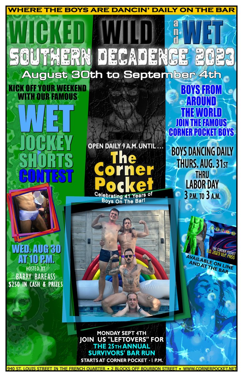 cornerpocketno's tweet photo. Are y'all ready for Decadence?! We look forward to kicking off the long weekend with you all during our Wet Jockey Shorts Contest *THIS WEDNESDAY* at 10 p.m. 
#GayNOLA #GayNewOrleans #SouthernDecadence #NewOrleans https://t.co/SWDxveWzsT