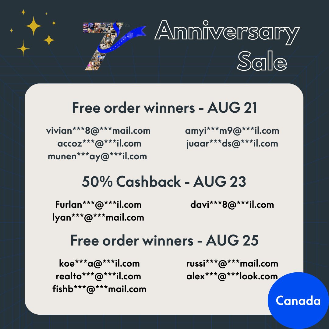 Congrats to the free order winners of our anniversary sale in Canada! From August 21 to 25. 🎉Please check if your email is on the list! For any questions, please email contact@flexispot.ca or visit our live chat on flexispot.ca