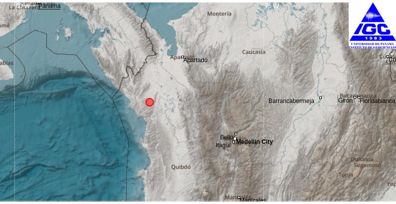 igcpanamaup's tweet image. El Instituto de Geociencias de la Universidad de Panamá,
Reporta el siguiente evento PRELIMINAR:
Fecha: 2023-08-28 23:06 Hora local,
Magnitud:4.5 (MLv),
Profundidad: 10 km,
localizado en Near West Coast of Colombia.