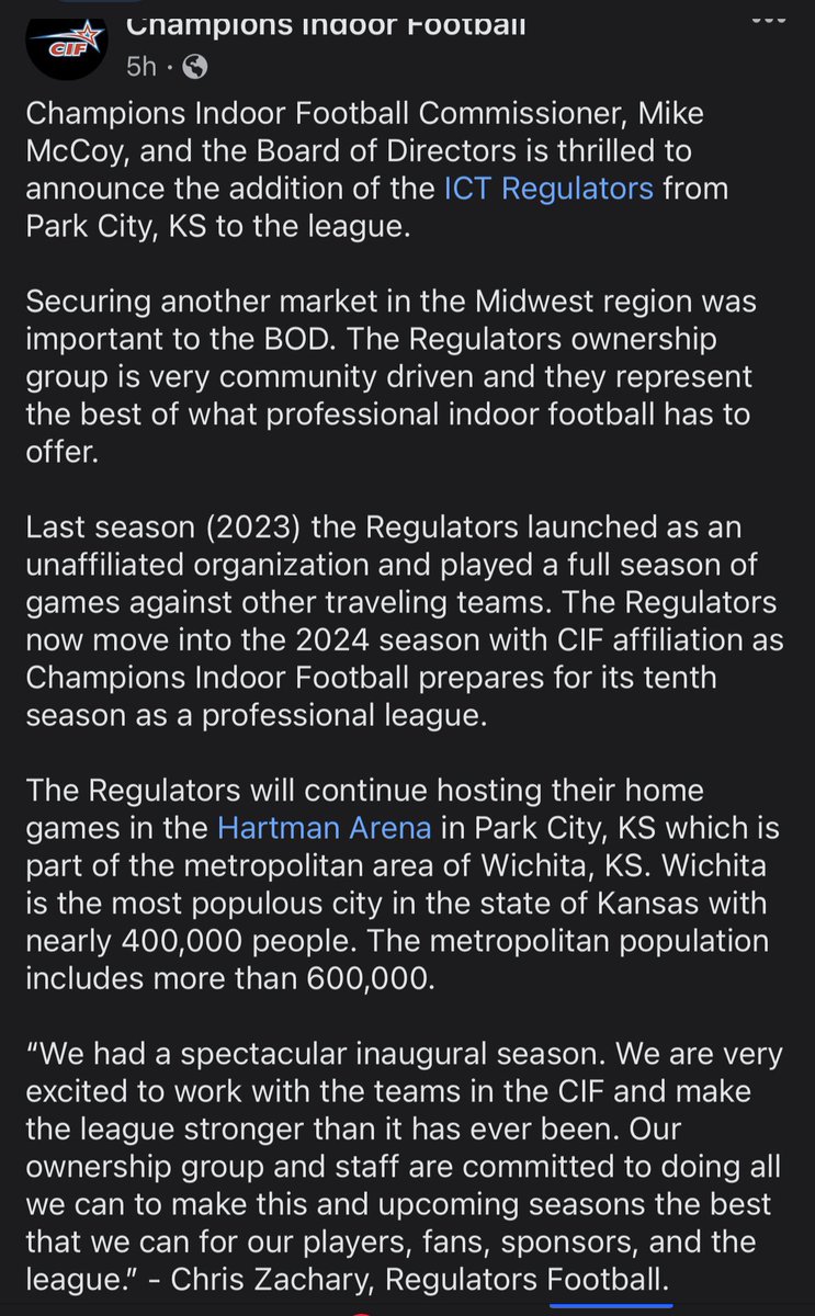 IndoorInsider's tweet photo. JUST IN: The CIF has announced an expansion team for 2024.. the Wichita Regulators! Full statement is below. #CIF #CIFWichita #CIF2024 #CIFNews https://t.co/oUGfVhbsUD