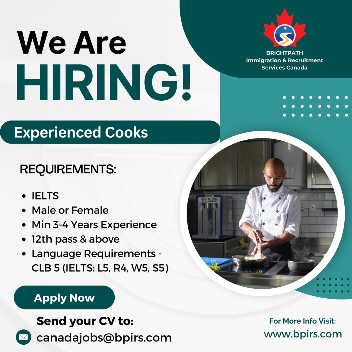 We're Hiring!
Inside / Outside Canada
Experienced Cooks

🍁CONTACT🍁
📧: canadajobs@bpirs.com
🌐: bpirs.com

#bpirs #canadaimmigration #canada #workpermitcanada #permanentresident #hiringnow #cook #eperience #joboffering